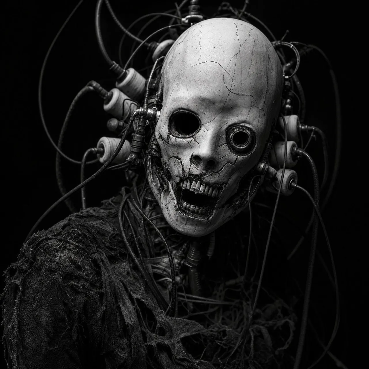Cybernetic horror portrait, gaunt humanoid figure with cracked