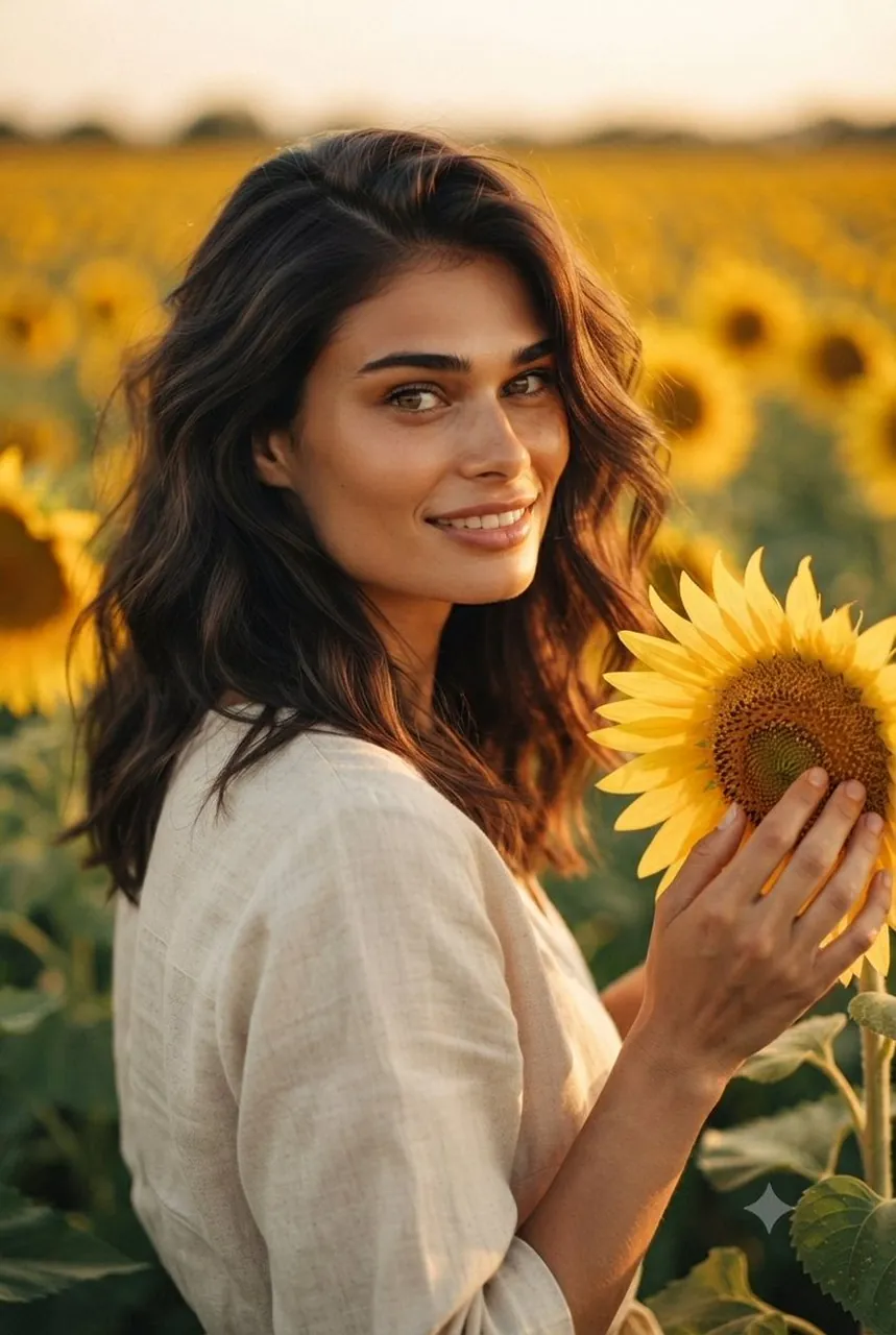 Sun-kissed beauty among golden blooms.