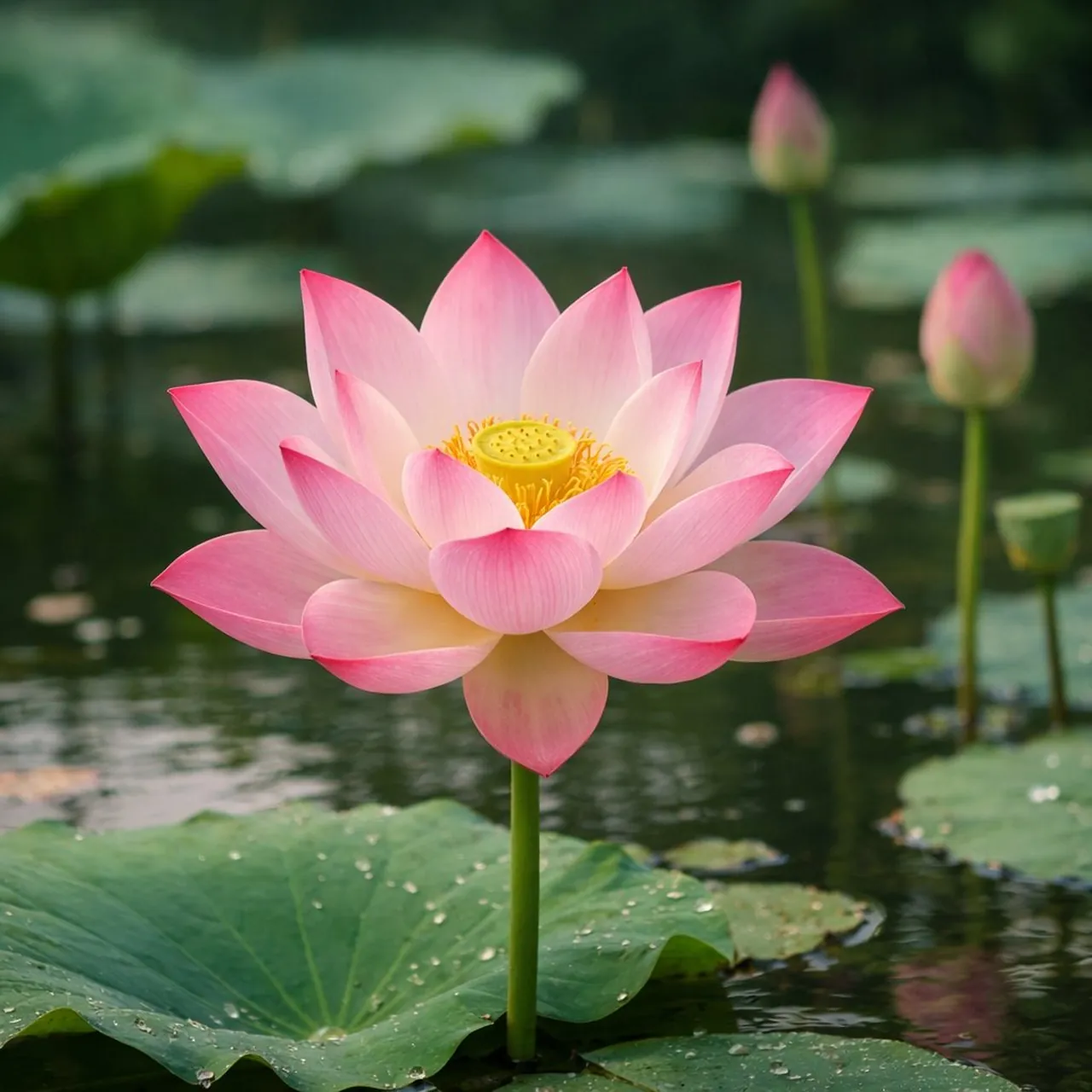 Lotus Pond Scene with Wildlife