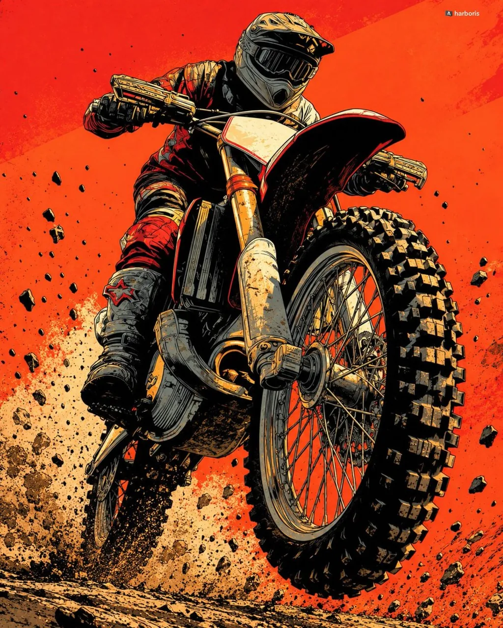 The motorcycle should have detailed handlebars, handguards, front