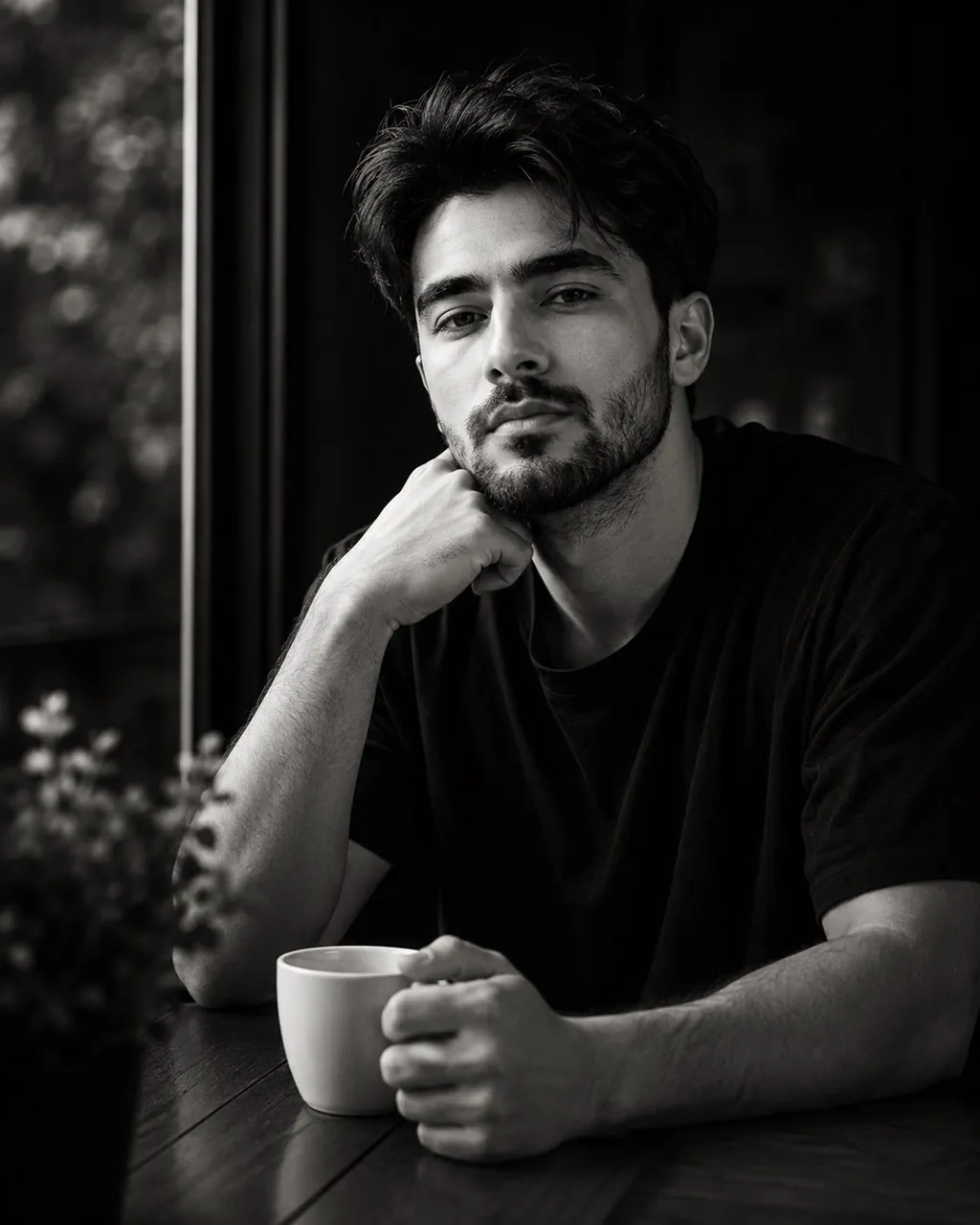 Create a cinematic, ultra-realistic black-and-white portrait of me