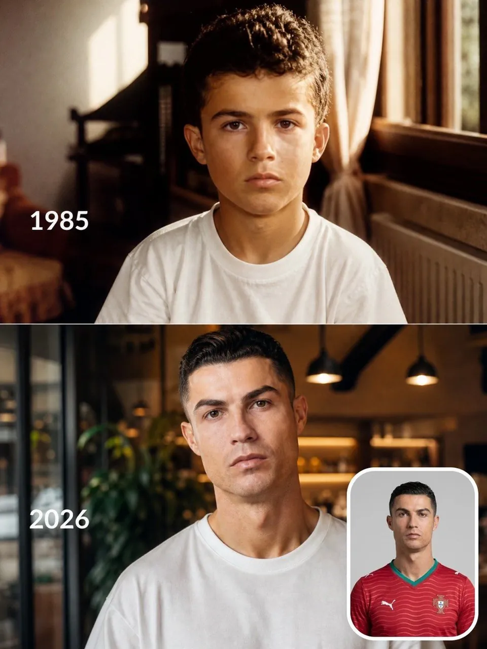 Create a realistic vertical split-screen "Then vs Now"