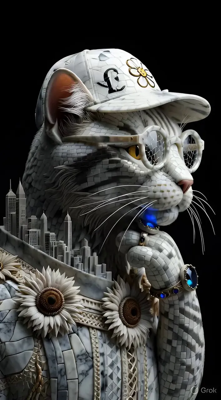 Marble Mosaic Cat Portrait