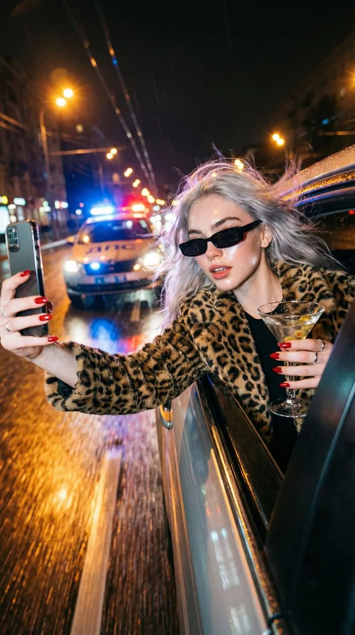 Ultra-realistisches filmisches nächtliches Straßenselfie während einer Flucht bei hoher Geschwindigkeit