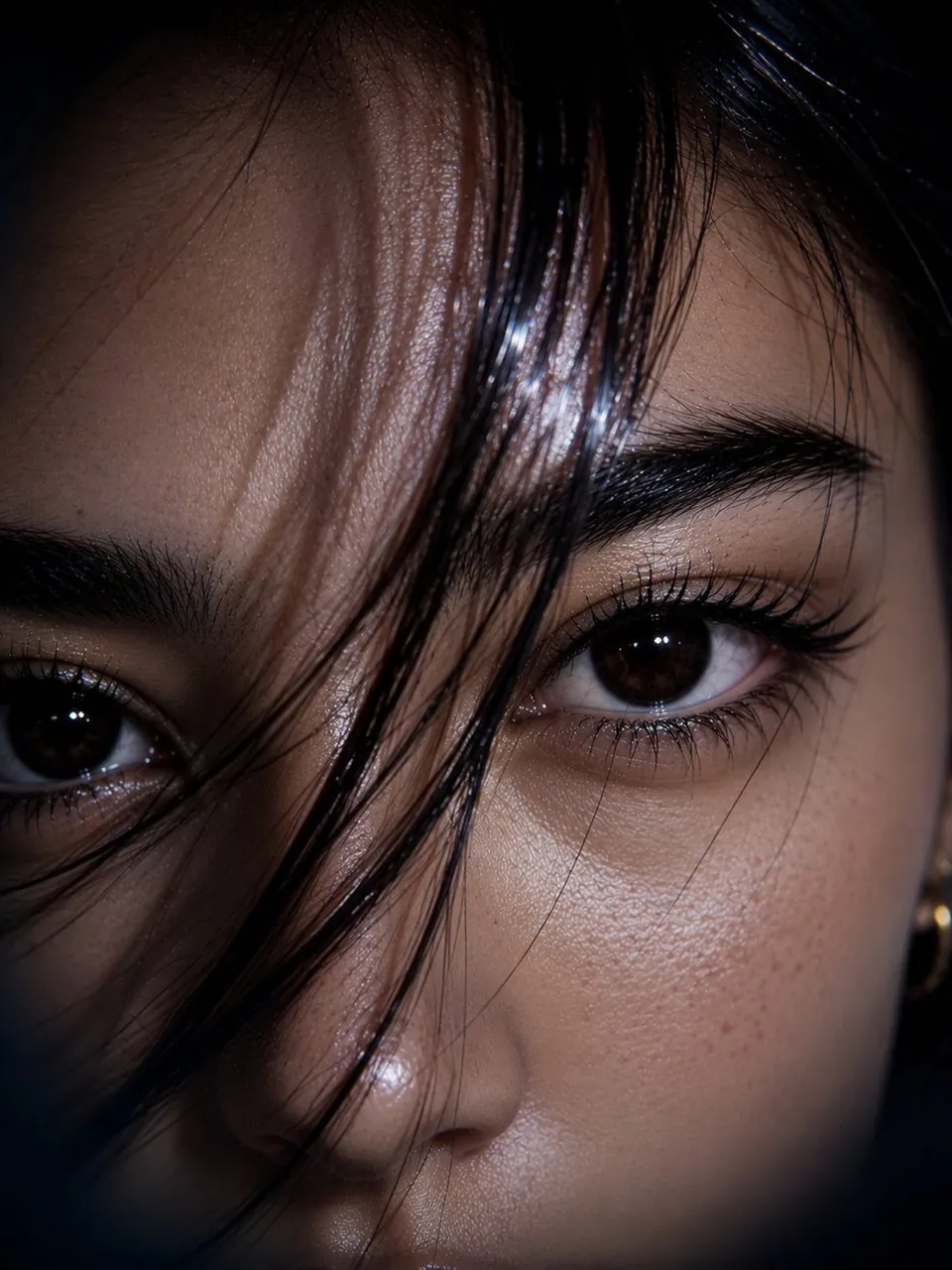 Ultra-realistic cinematic extreme close-up beauty portrait of an