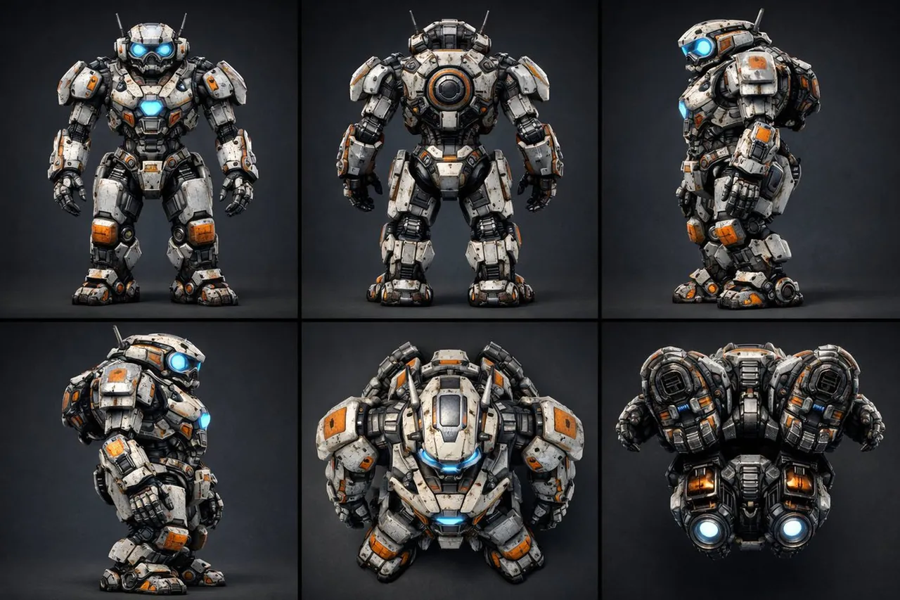 Prompt técnico para matriz de personajes robot 3x2