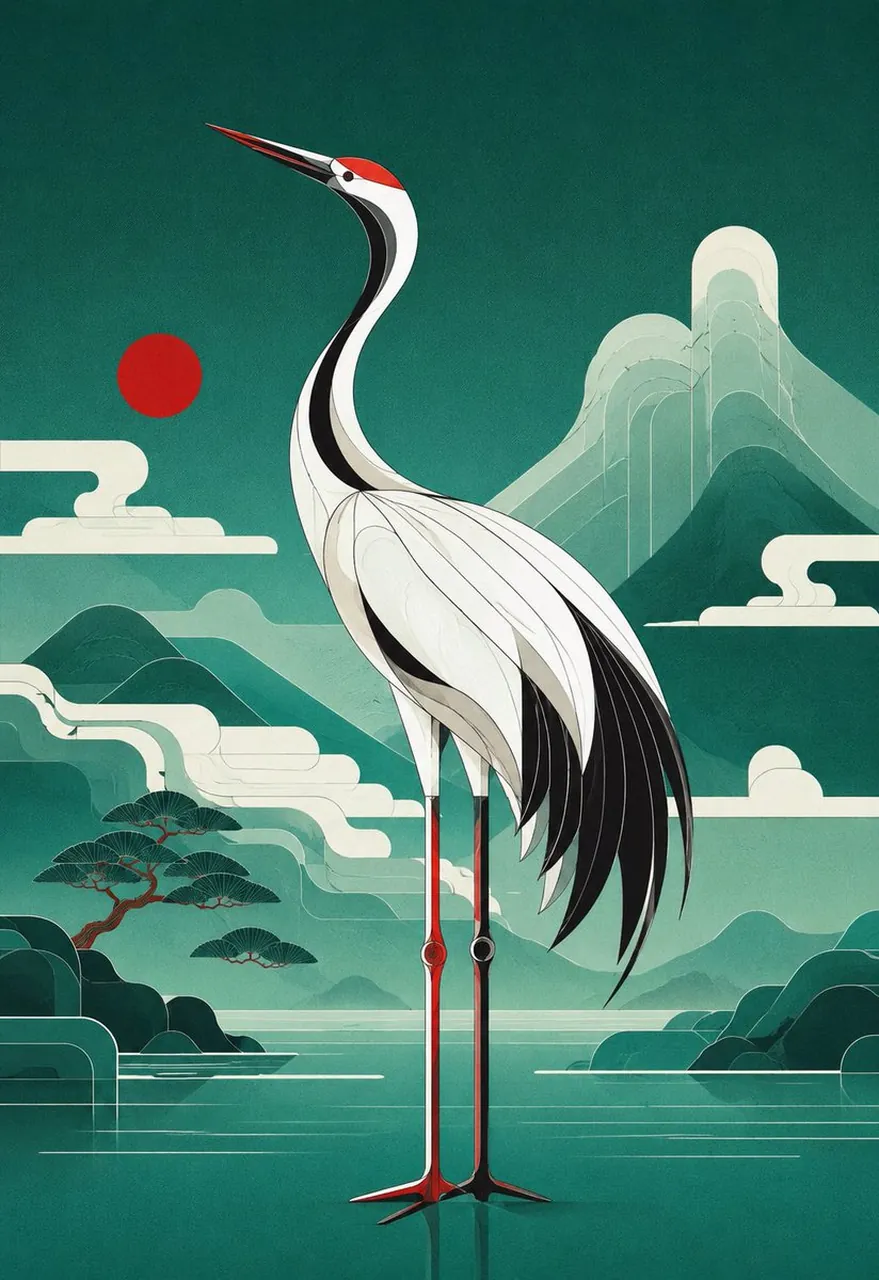 Geometric Red-Crowned Crane Poster