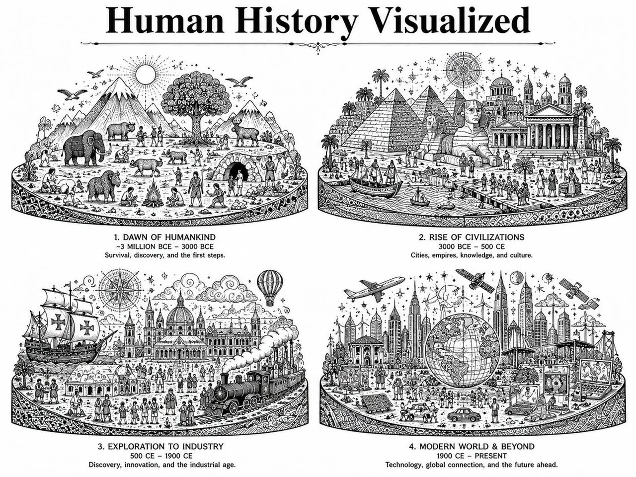 Ink Mandala Human History Diorama Grid
