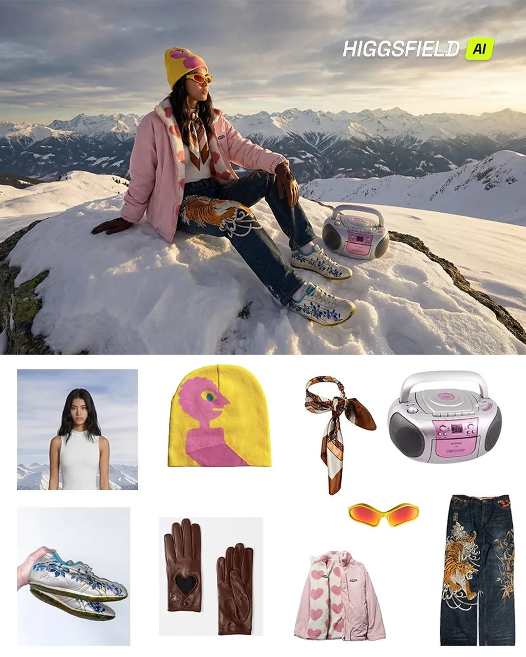 Cinematisches Winter-Modeporträt auf einem Berggipfel