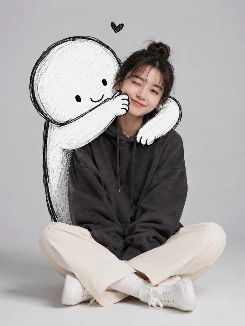 Minimalist Portrait of a Woman with a Doodle Character