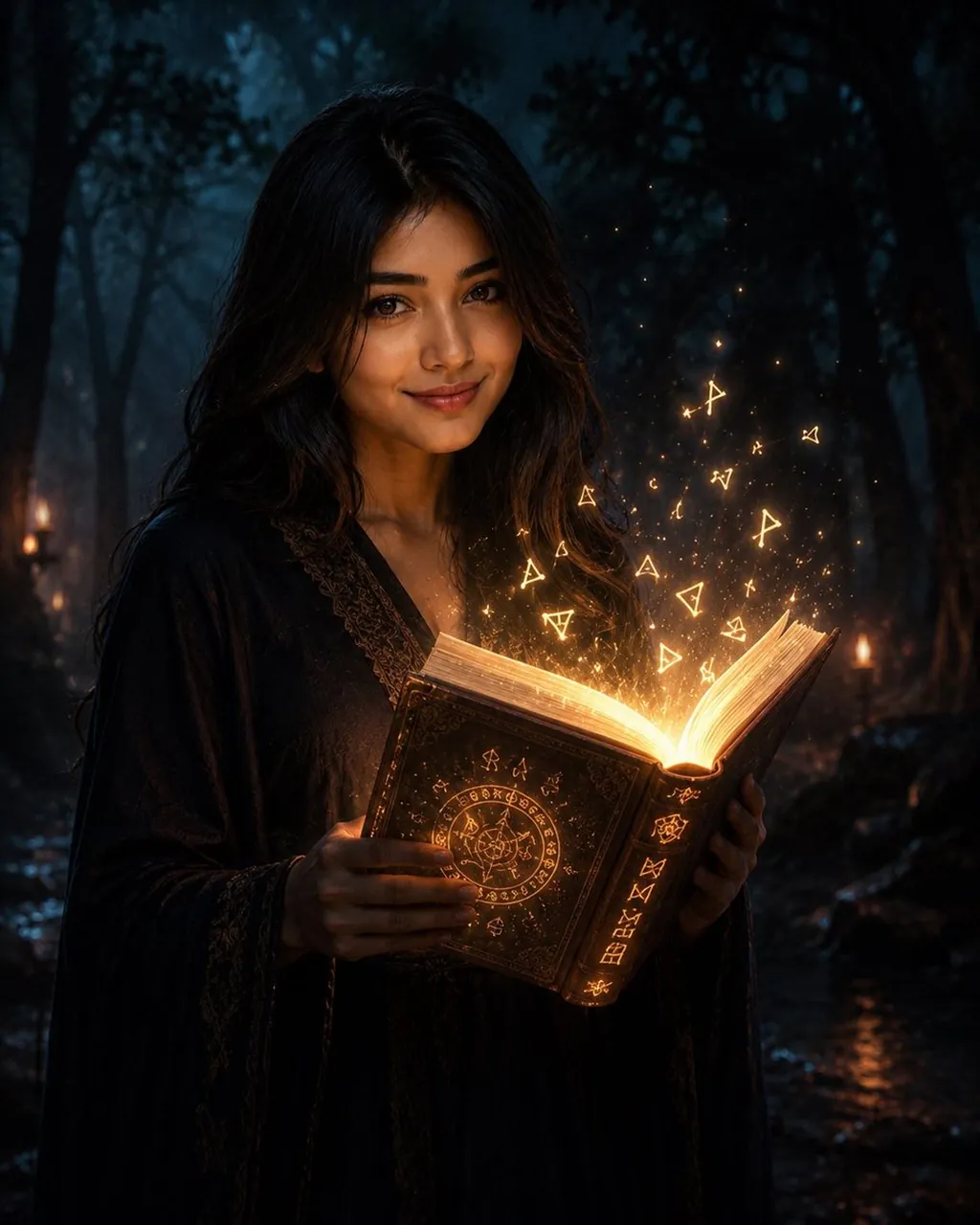 Person in Dark Forest With Glowing Book