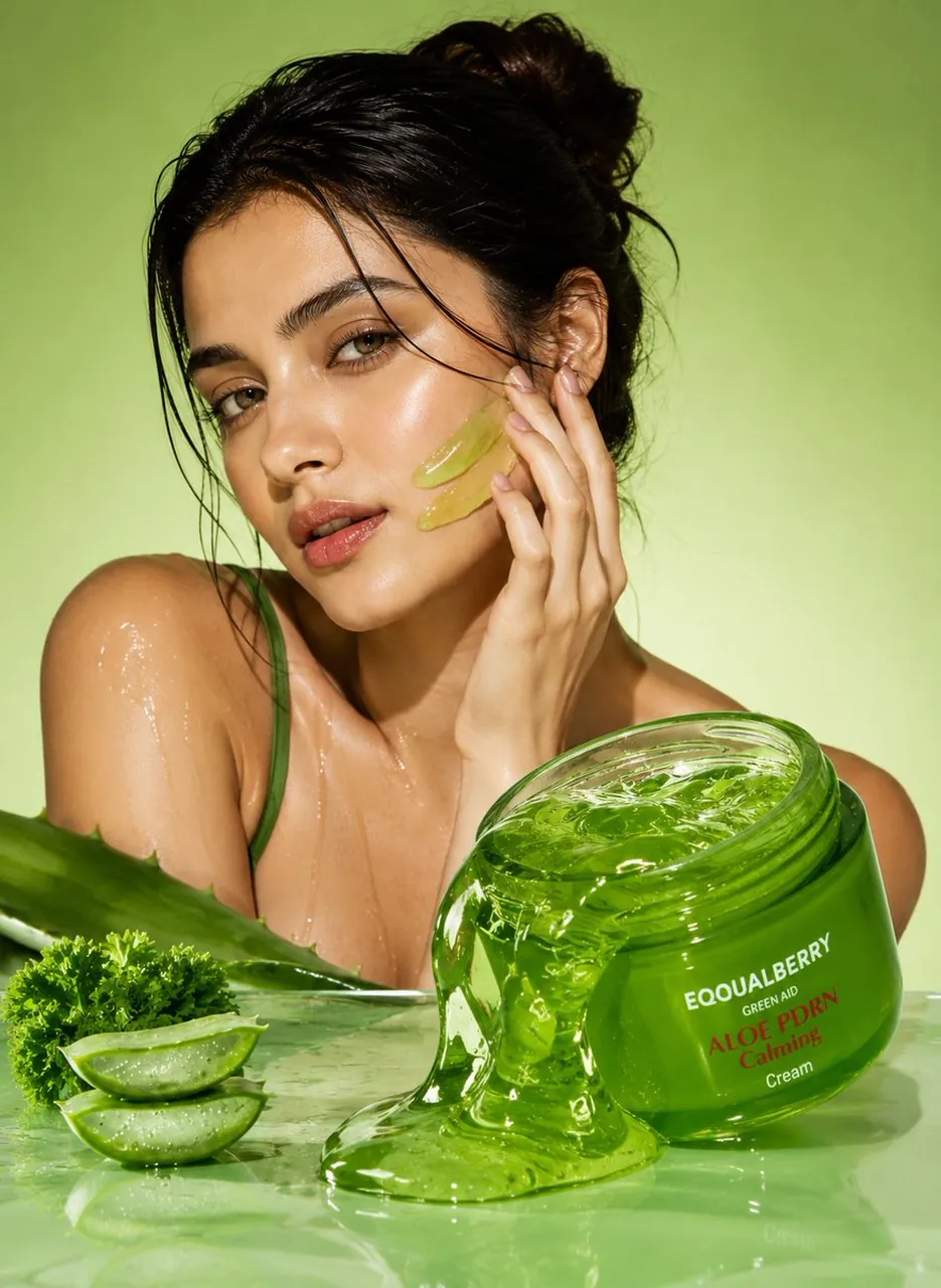 Photographie de produit de soin à l'aloe vera en vue du dessus