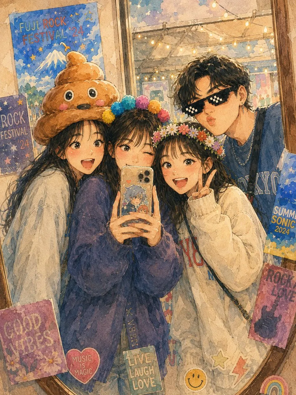 A cheerful group selfie of four stylish East Asian friends at a