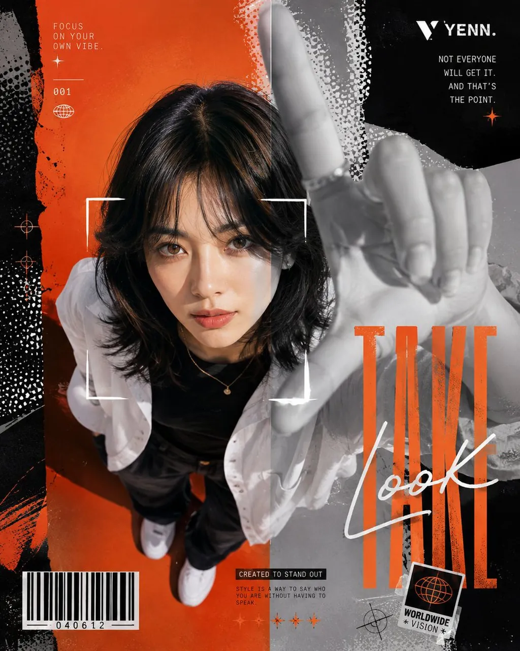 A modern editorial fashion poster in a bold Y2K streetwear graphic