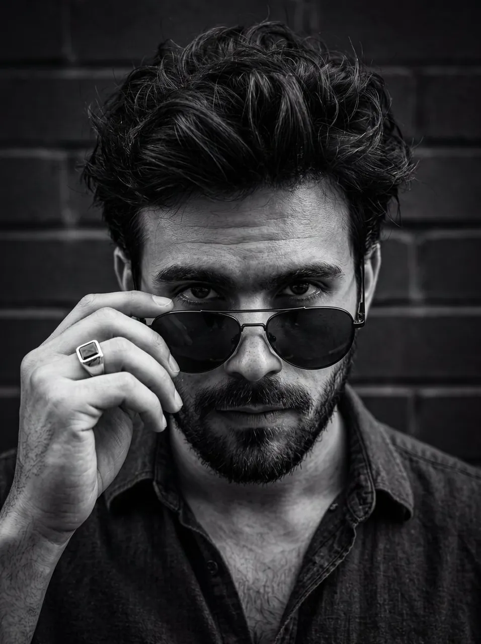 High-contrast black and white intense male portrait