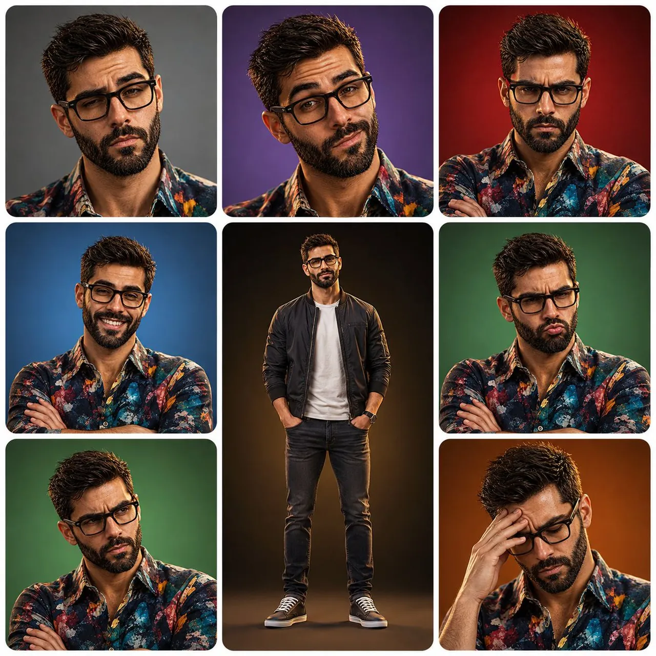 Surrounding panels: close-up or half-body portraits showing
