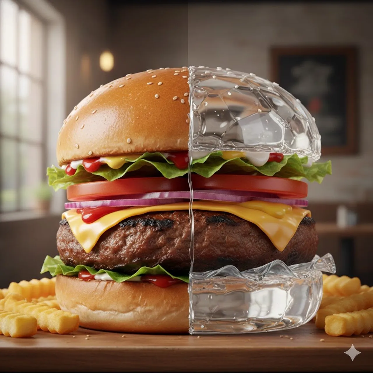 Hamburguesa Fotorrealista Mitad Cristal, Mitad Normal
