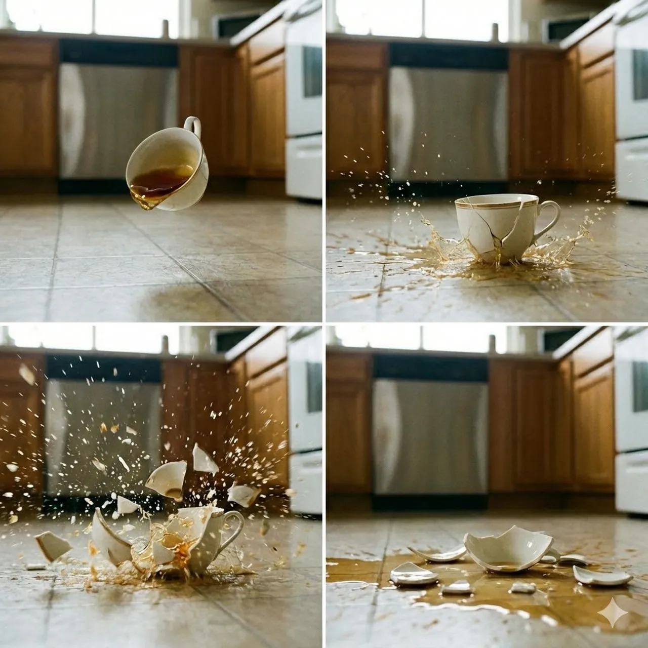 4-Panel-Sequenz einer fallenden und zerbrechenden Teetasse