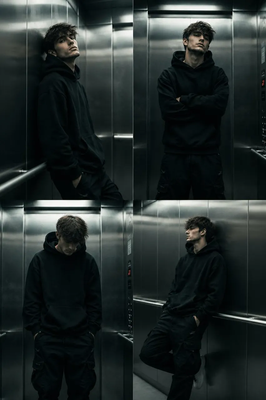 Show the same subject in four different poses inside the elevator