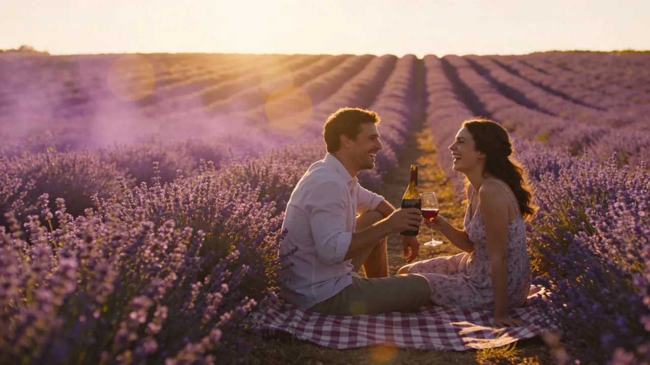 Pique-nique romantique dans un champ de lavande