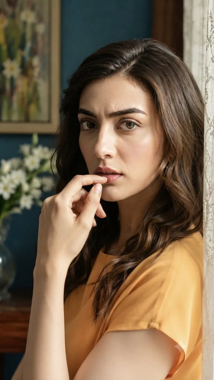 Thoughtful gaze by the window.