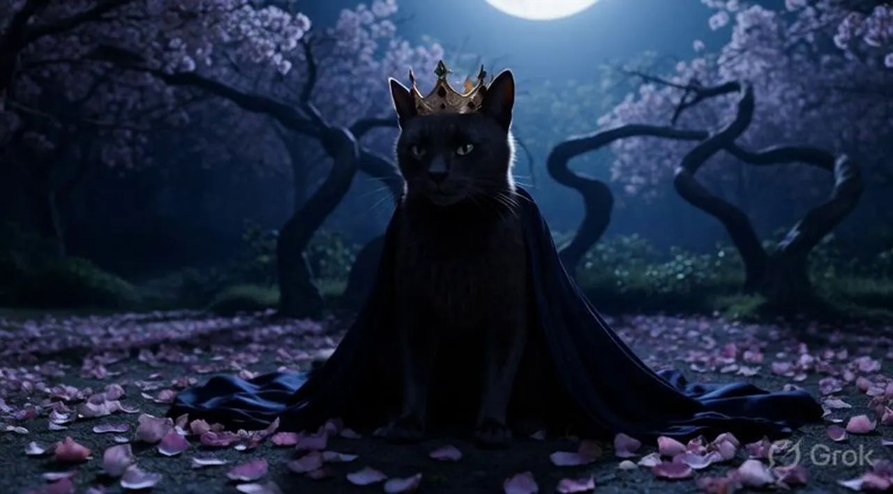 Anthropomorphic Cat in Moonlit Garden
