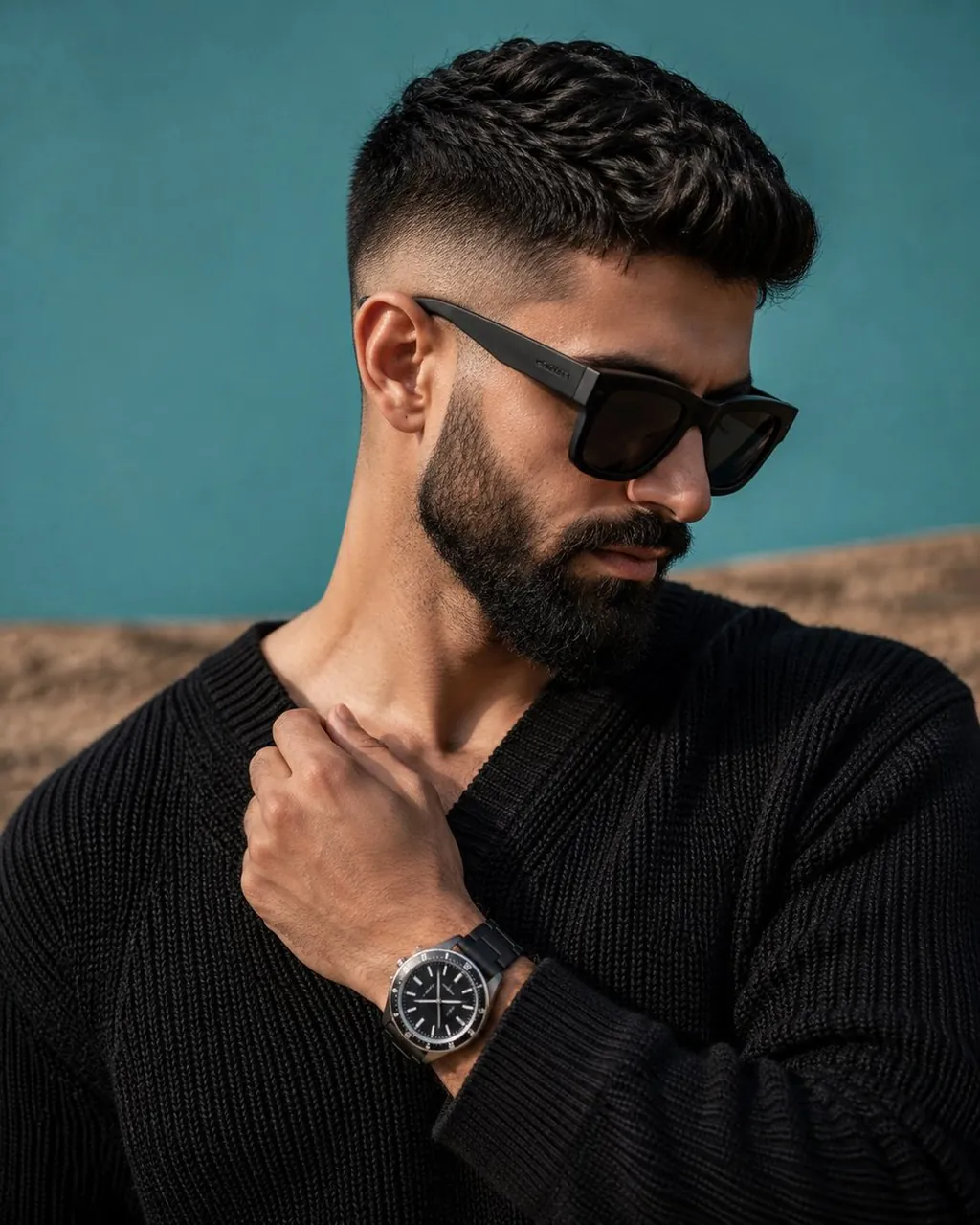 A premium editorial portrait featuring a stylish man with a