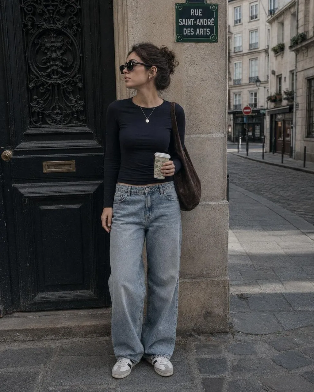 A candid editorial street-style photo of a stylish woman walking