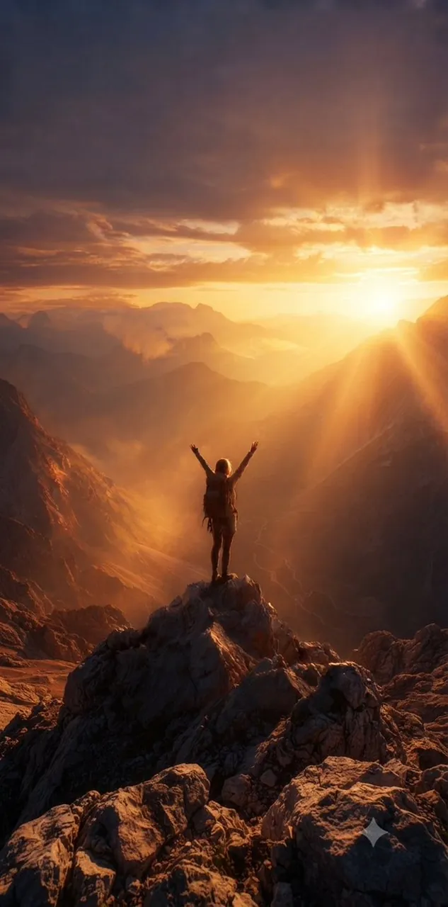 Hiker's majestic golden mountain sunset.