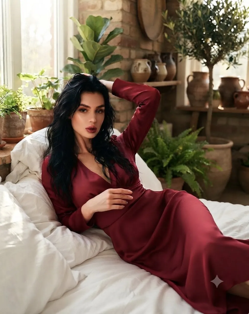 Radiant beauty in crimson dress.