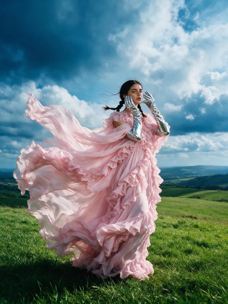 High-Fashion-Editorial-Ganzkörperfoto einer dunkelhaarigen Frau