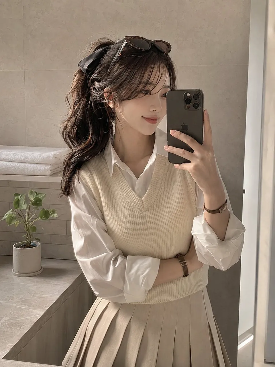 Mirror selfie in a softly lit bathroom, young woman holding a
