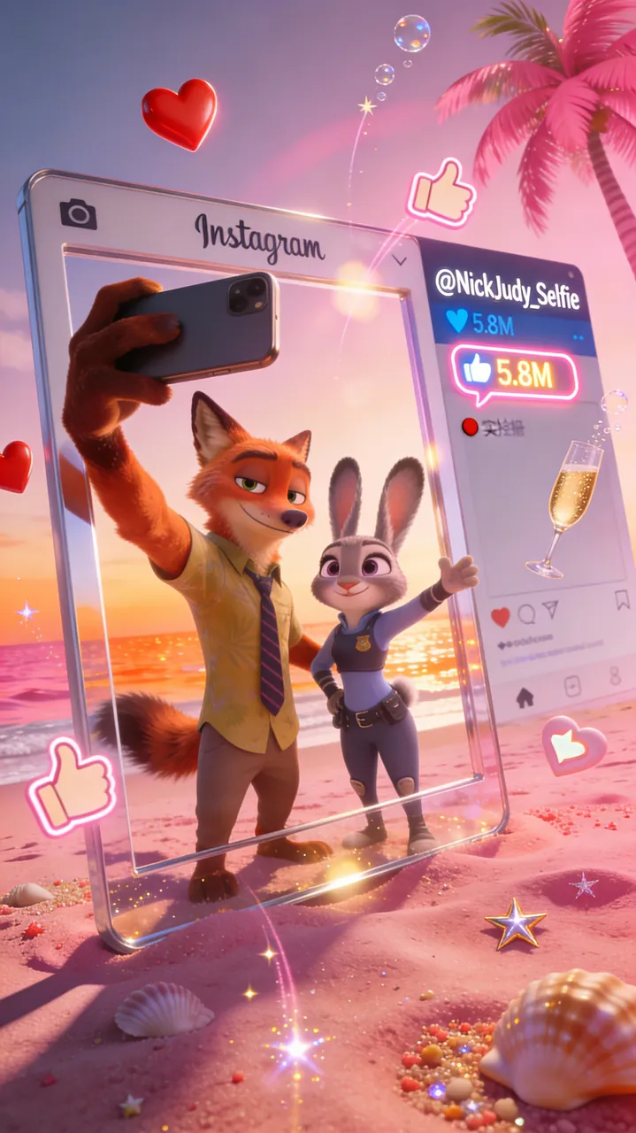 Selfie al estilo Instagram de Nick y Judy en la playa rosa