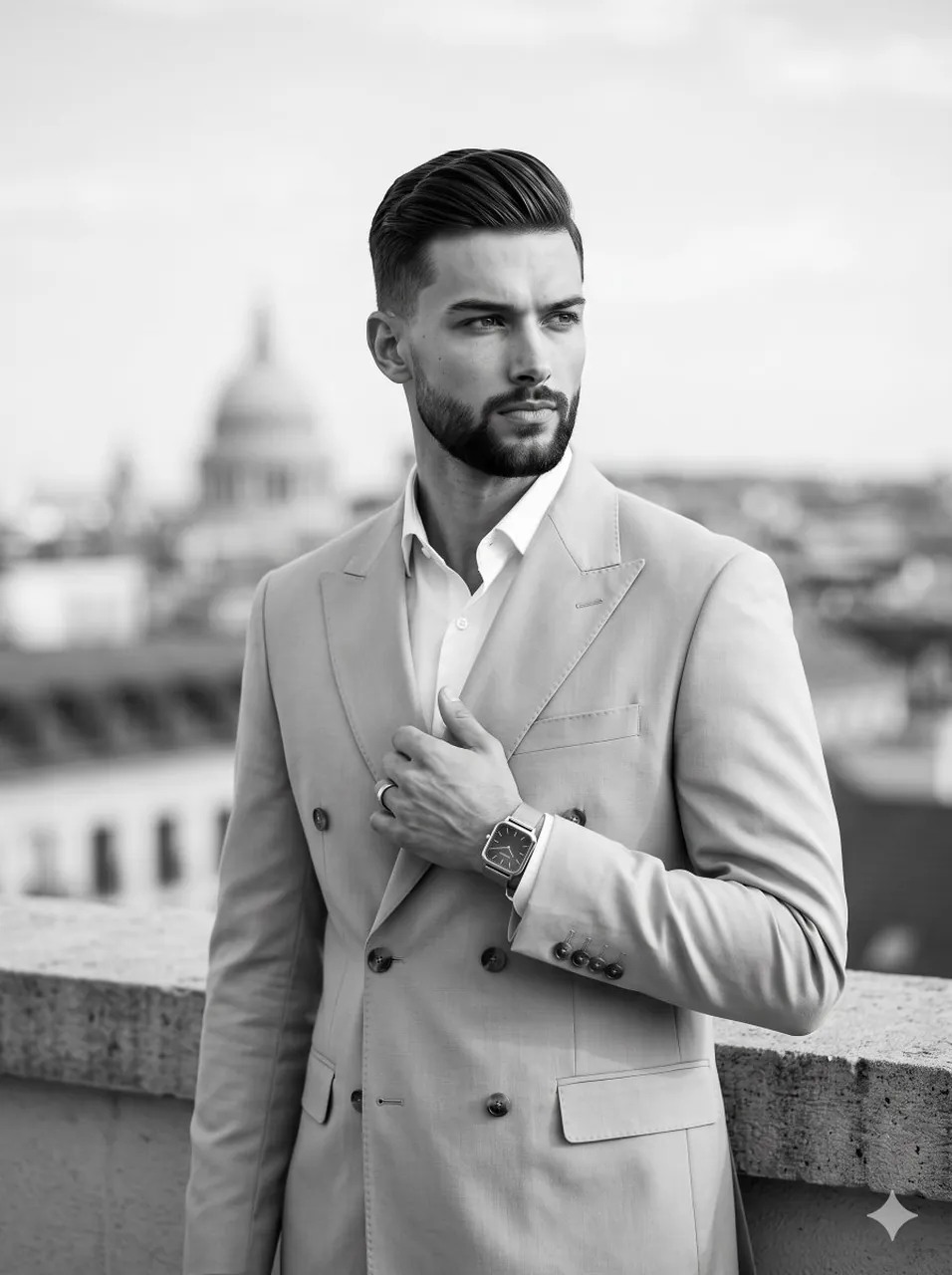 Un uomo adulto con una barba meticolosamente curata è in posizione