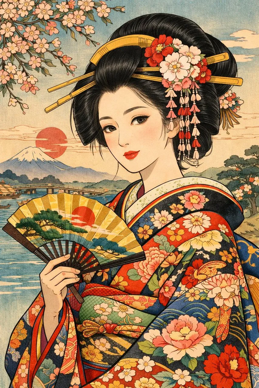 Moderne Ukiyo-e Stil Schönheitsillustration