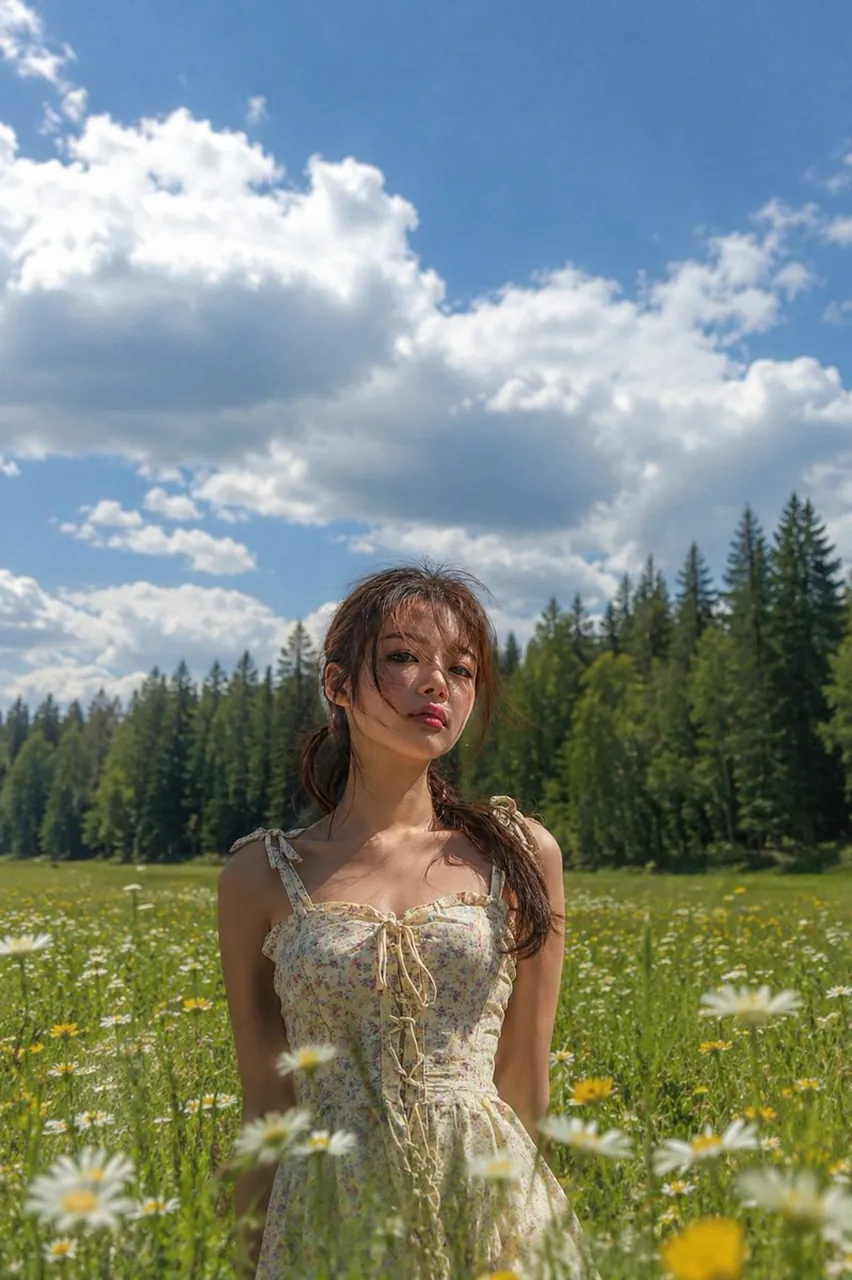 Ultra-photorealistic outdoor fashion portrait of the same young