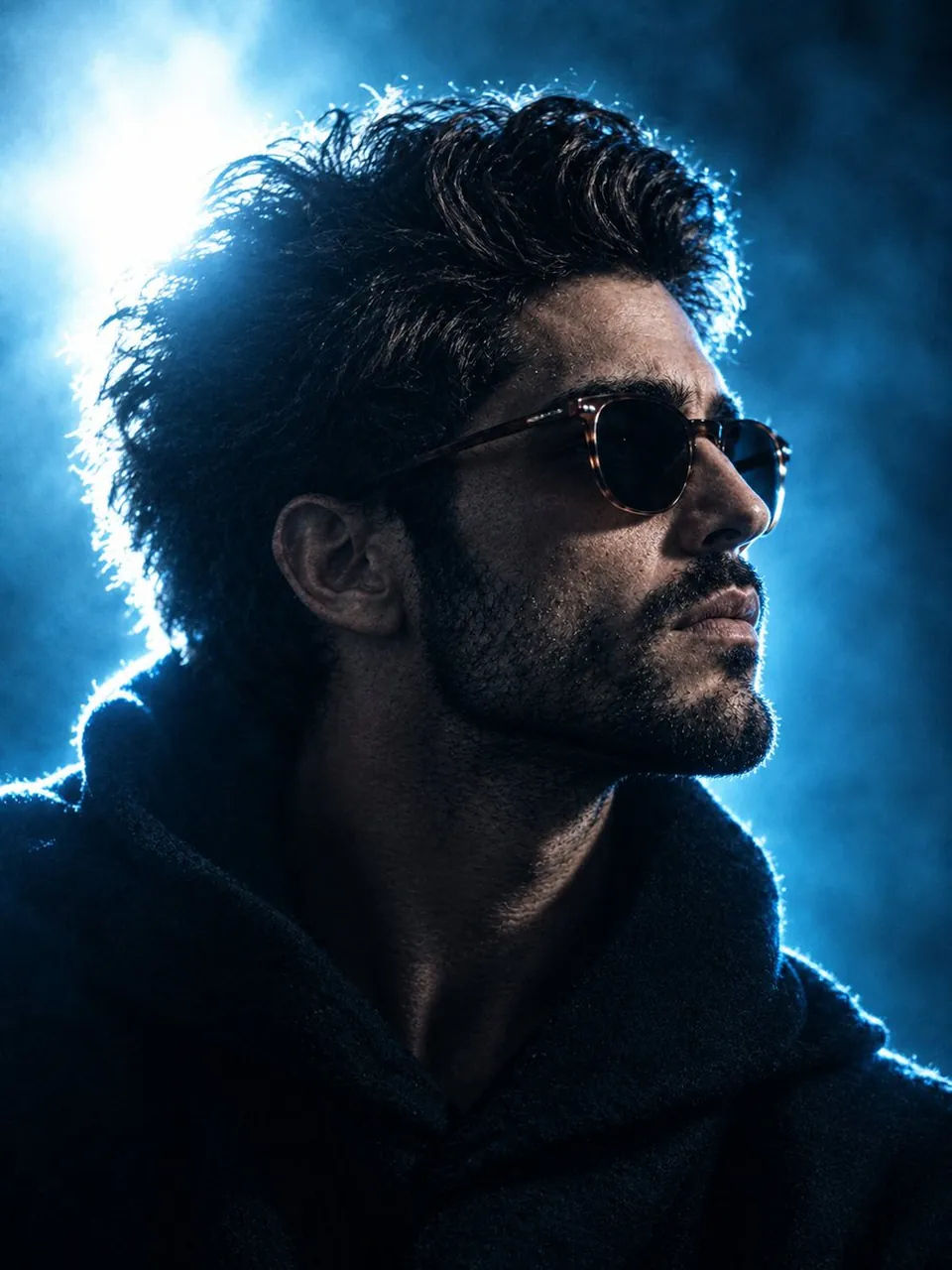 Cinematic high-contrast portrait of a young man in side profile