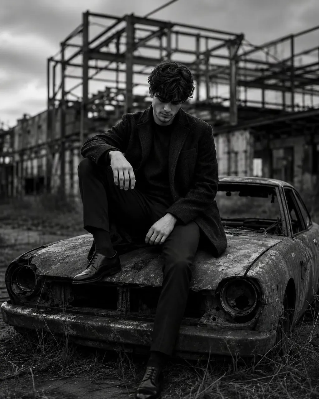Black-and-White Rusted Car Urban Ruins Portrait