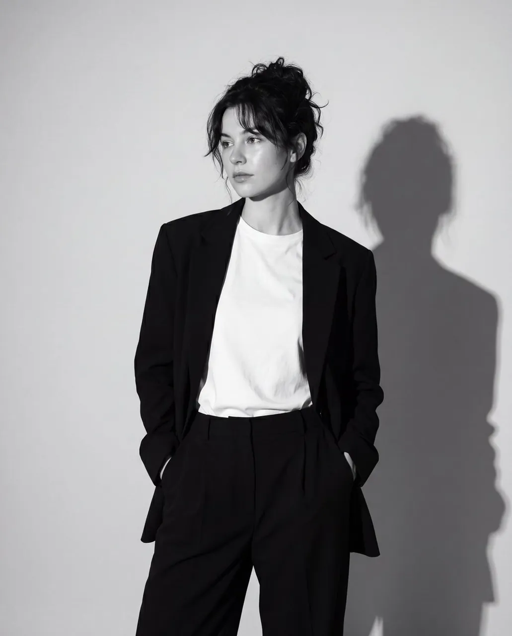 A fine art black-and-white editorial portrait of a stylish young