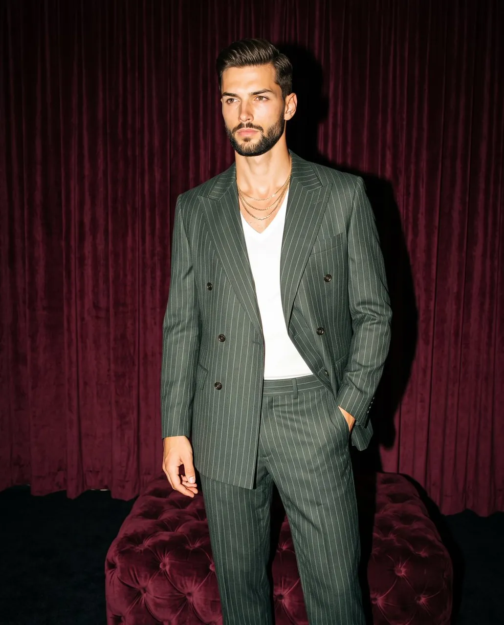 A confident, masculine man with a short haircut and textured