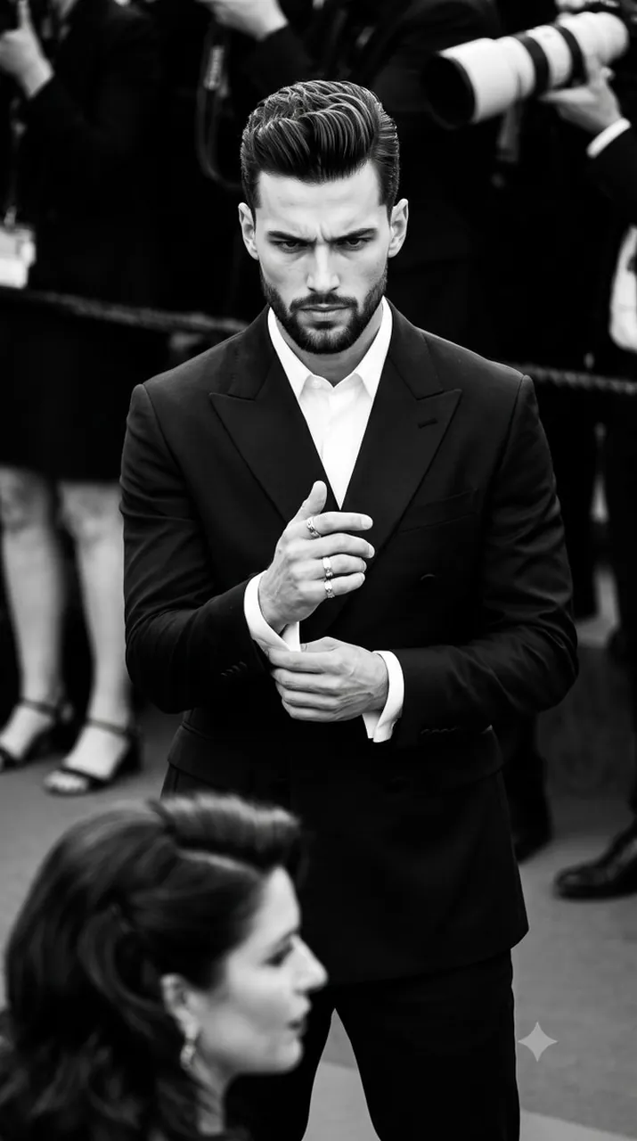 A man stands centrally composed in a medium shot, his body angled