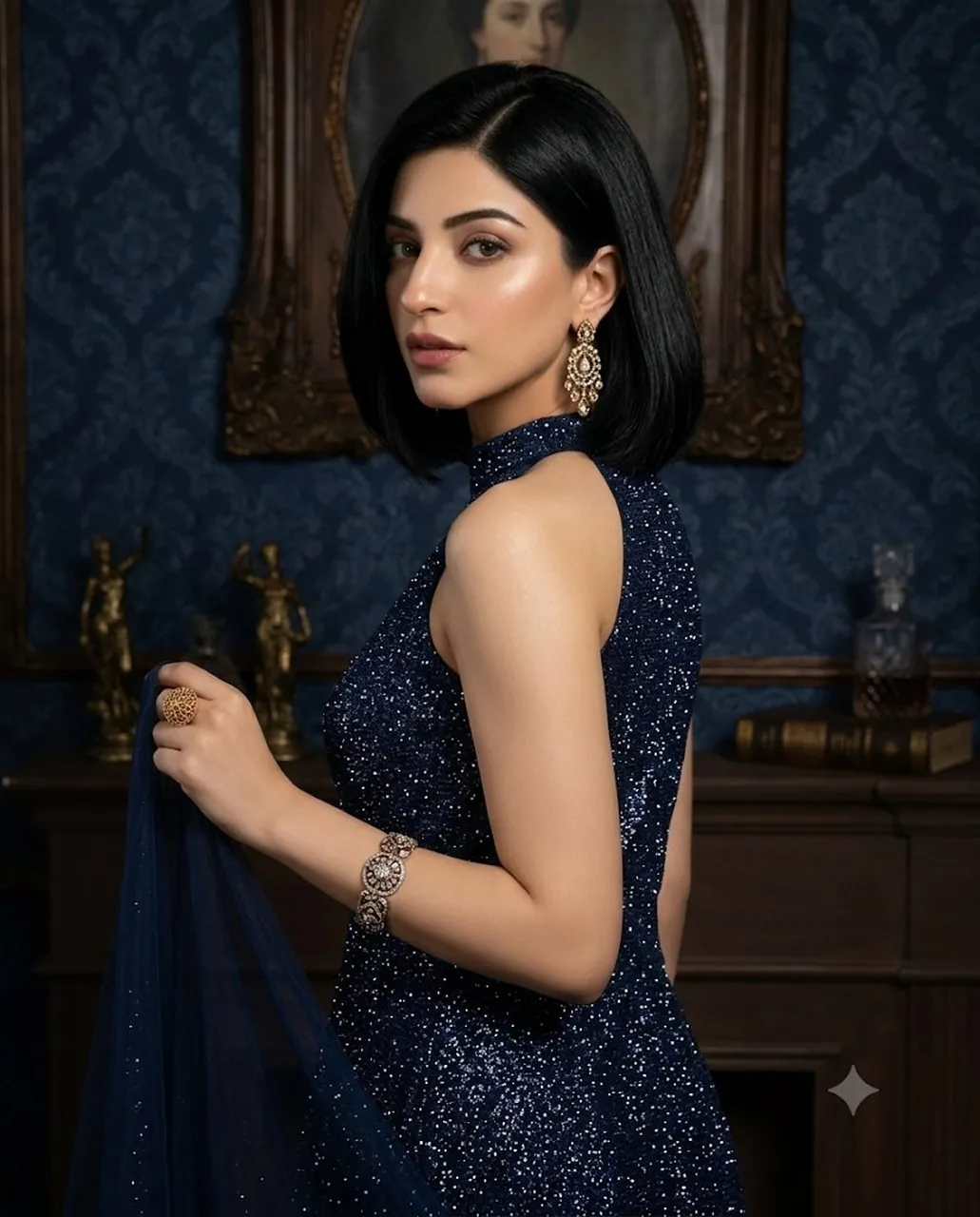 Stunning woman in a glittering navy dress.