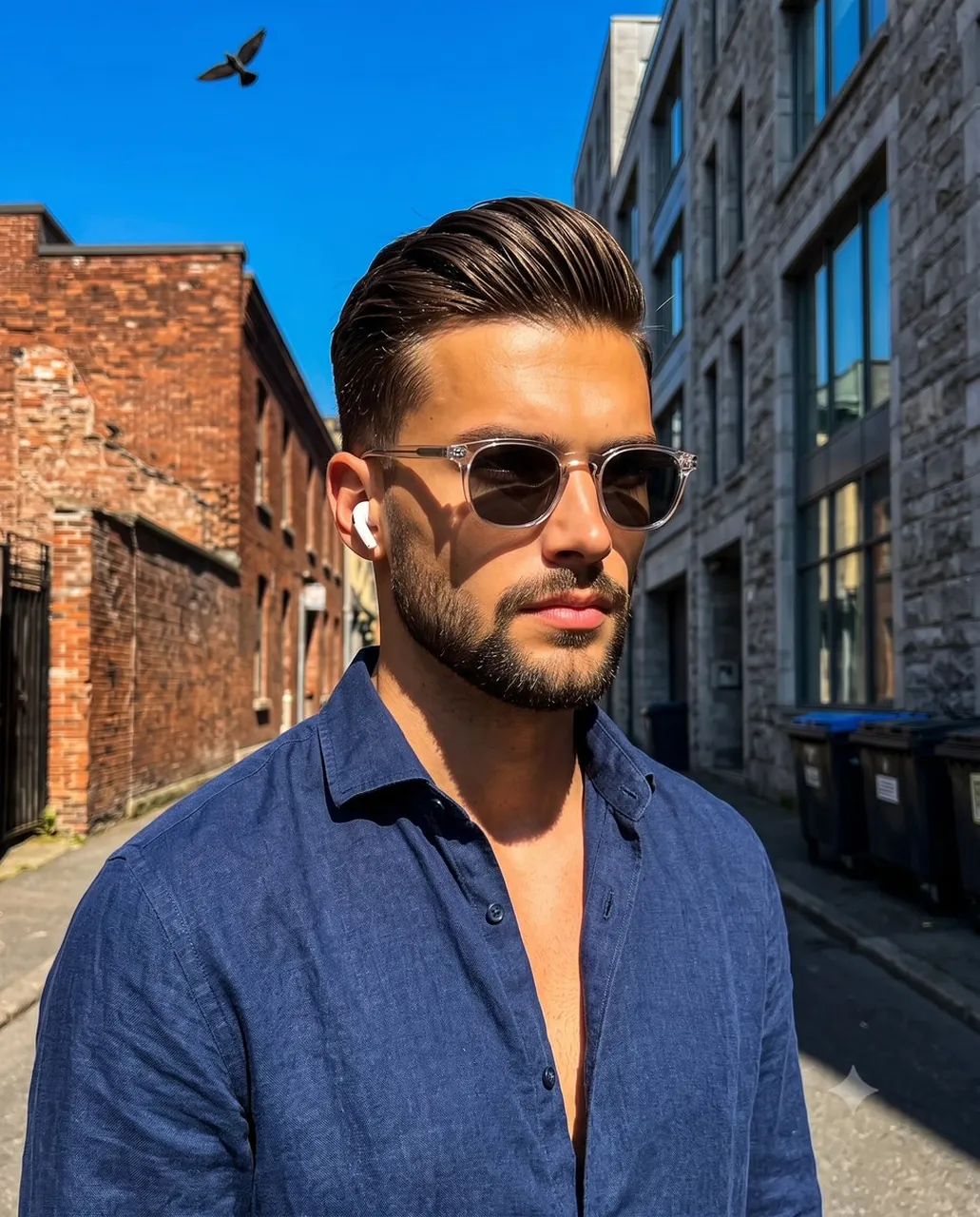 Navy Linen Shirt Earbud Pompadour Portrait