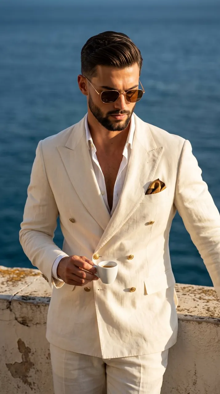 Cream Linen Suit Coastal Balcony Espresso Portrait