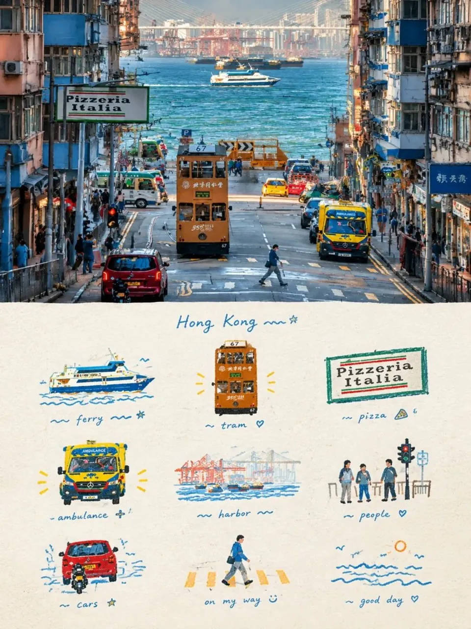 Add a handwritten title Hong Kong Days centered above the