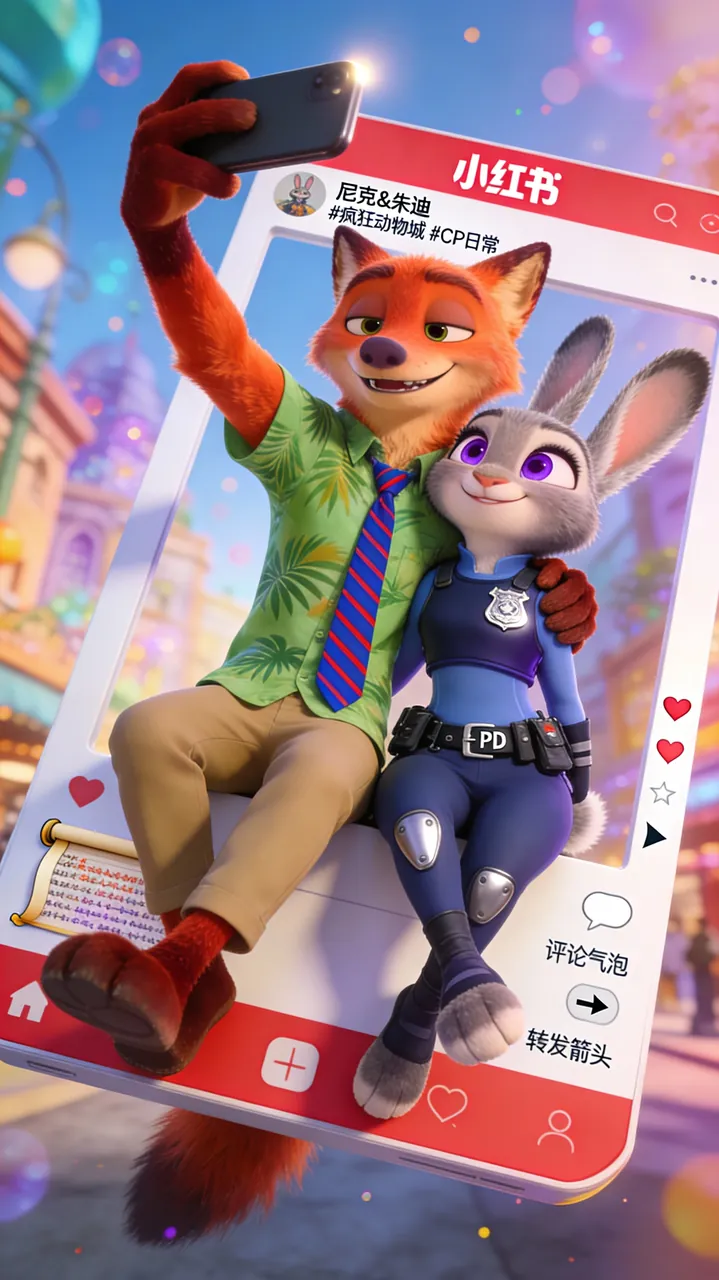 Nick and Judy Xiaohongshu-Style Fourth-Wall-Breaking Selfie