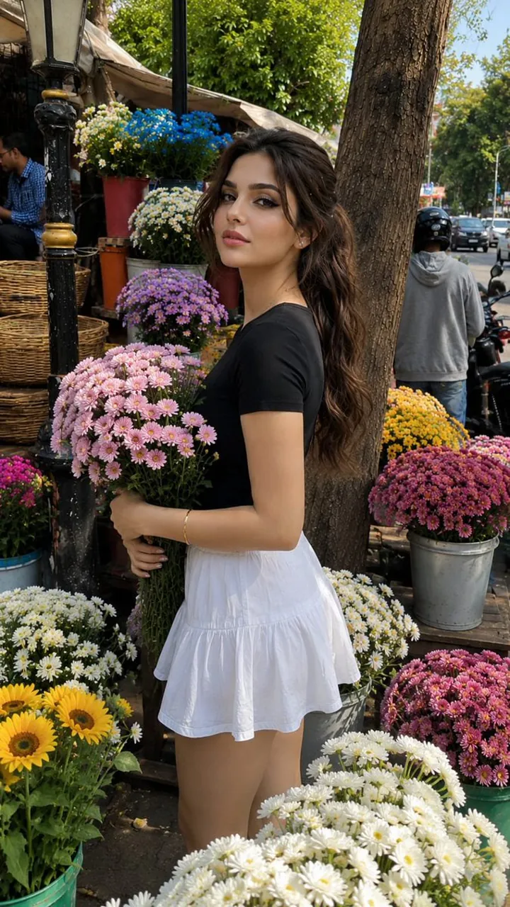 Woman with Purple Daisies in Flower Market