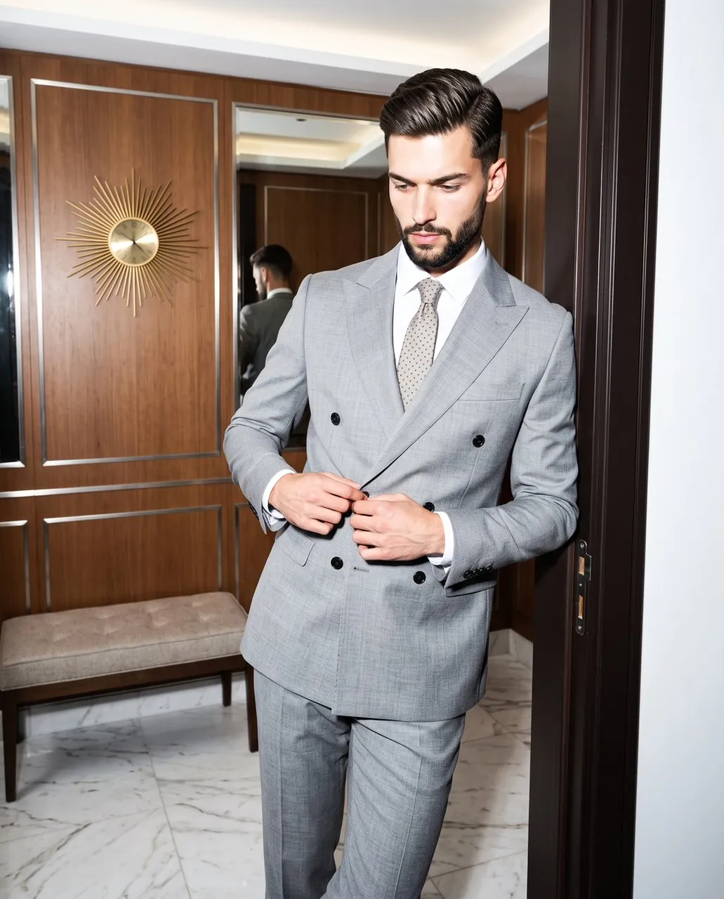 A stylish handsome man with sharp grooming, featuring a crisp