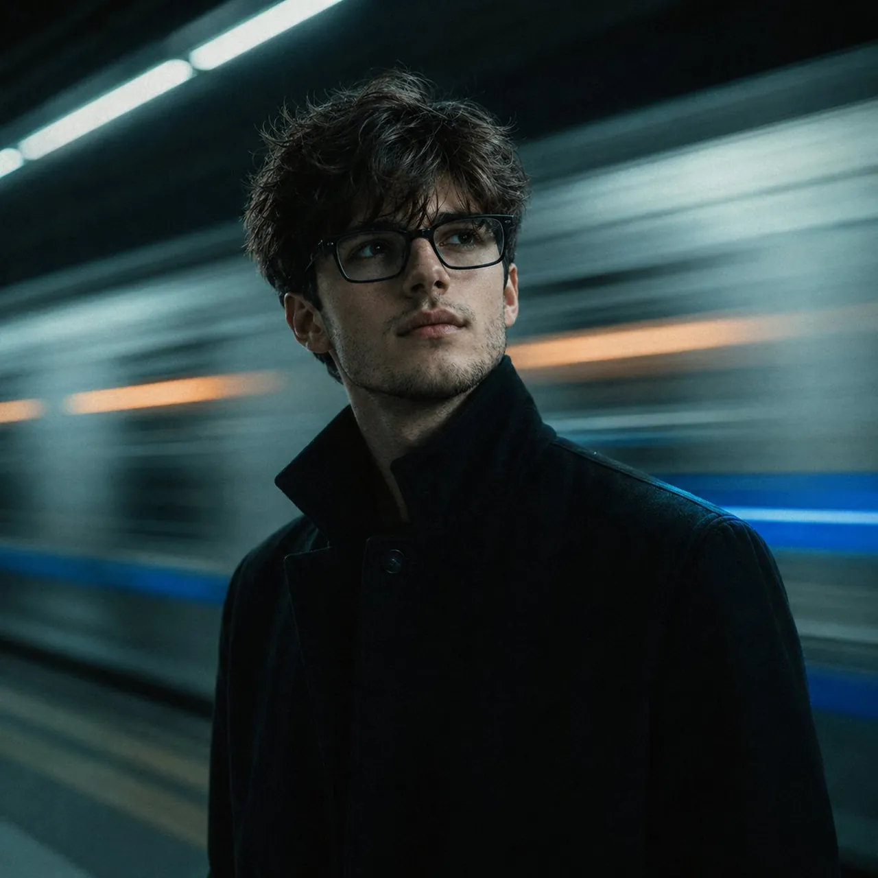 Subway Portrait with Thick Glasses
