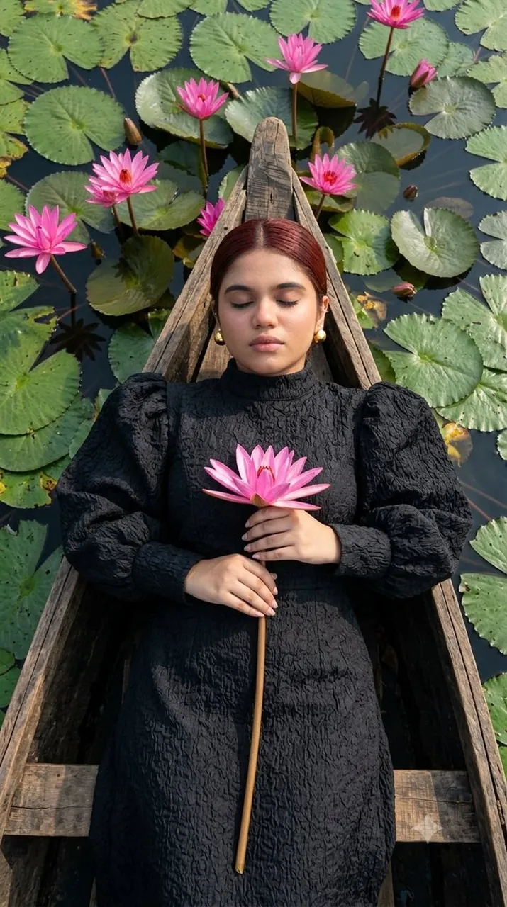 Floating peacefully among the blooming pink lotuses.
